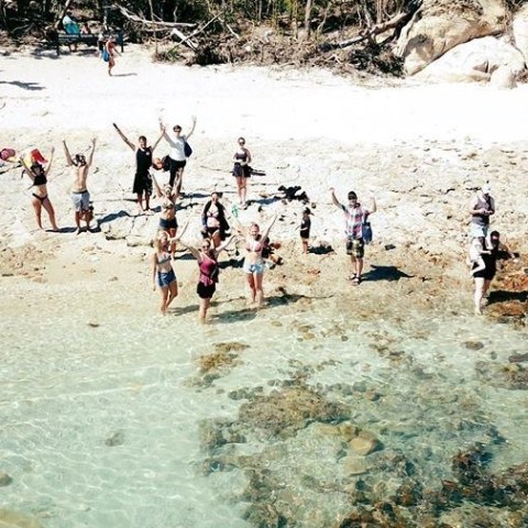 a group of people walking on a beach