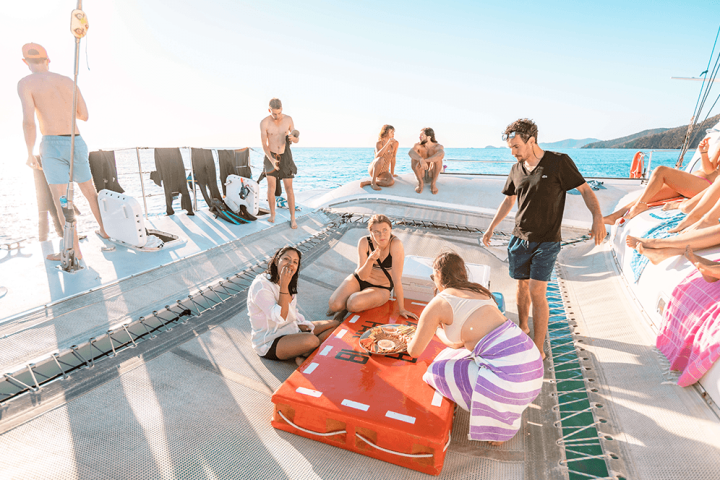 a group of people sitting at a beach