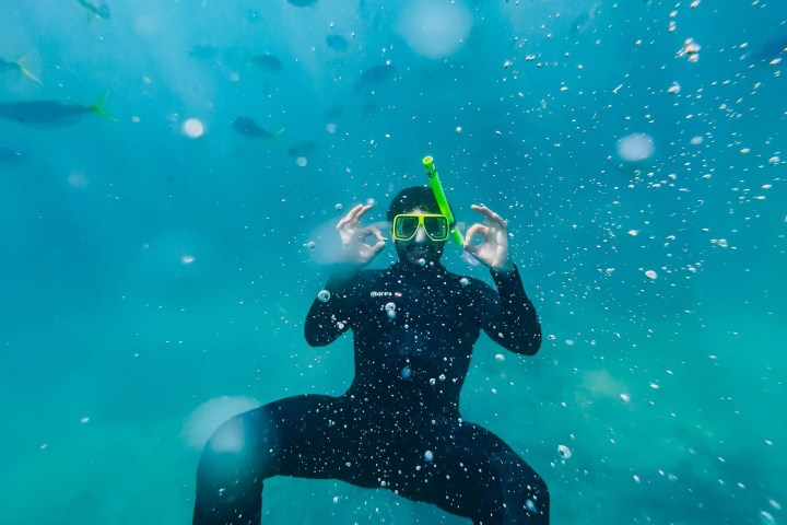 Person snorkeling underwater surrounded by fish in a blue ocean.